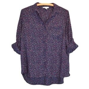BeachLunchLounge Hi‎ Lo Dot Print Button Down Blouse Roll Tab Sleeve Size Small